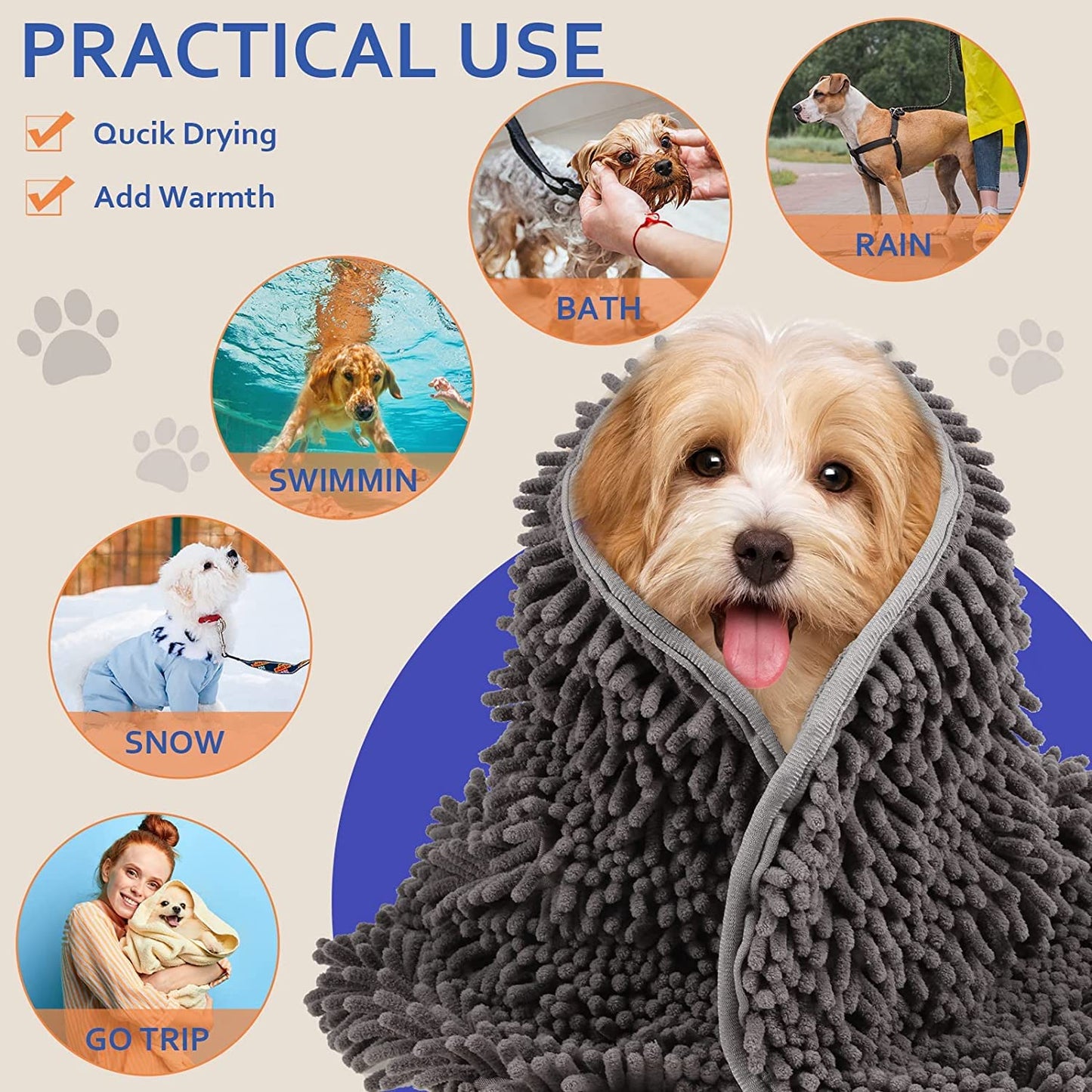 Microfiber Ultra Soft&Absorbent Grooming Towel For Drying Medium&Large Dogs and Cats